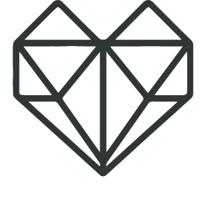 A geometric diamond shape with a heart outline, composed of straight lines and triangular facets.