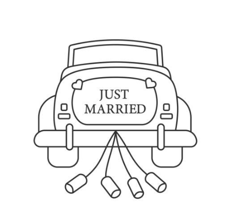 Black and white drawing of a car with a 'Just Married' sign on the back, decorated with small hearts and streamers hanging from the bumper.