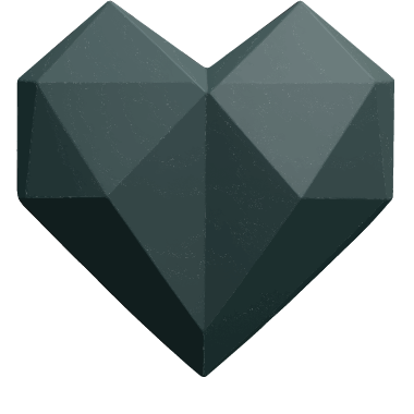 A dark-colored 3D geometric heart shape with a faceted surface.