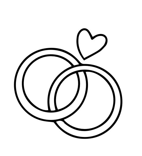 Line drawing of two wedding rings with a small heart above them.