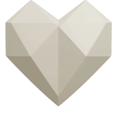 A stylized, geometric heart shape in shades of beige and cream with faceted surfaces.