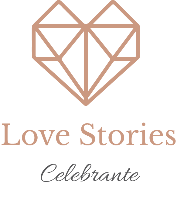 A minimalist logo of a geometric heart made of thin lines, with the words "Love Stories" and "Celebrante" written below in elegant fonts.