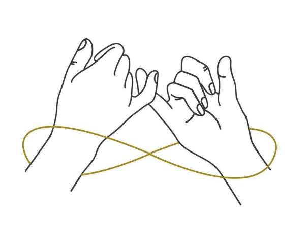 Line drawing of two hands gently holding each other with a gold thread looping around them.