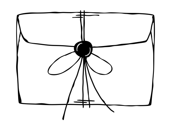 Line drawing of a sealed envelope with a butterfly-shaped wax seal on it.