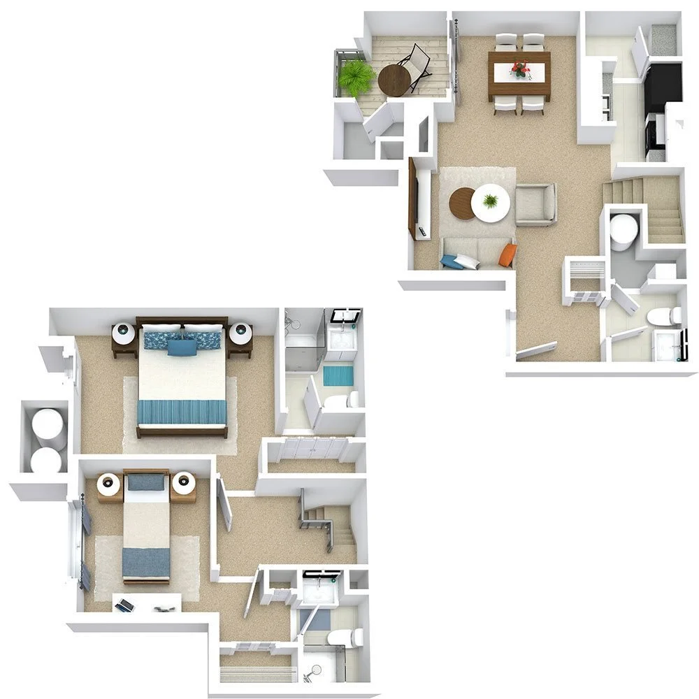 A two-story apartment floor plan showing a living room, dining area, kitchen, balcony, two bedrooms, bathrooms, and stairs.