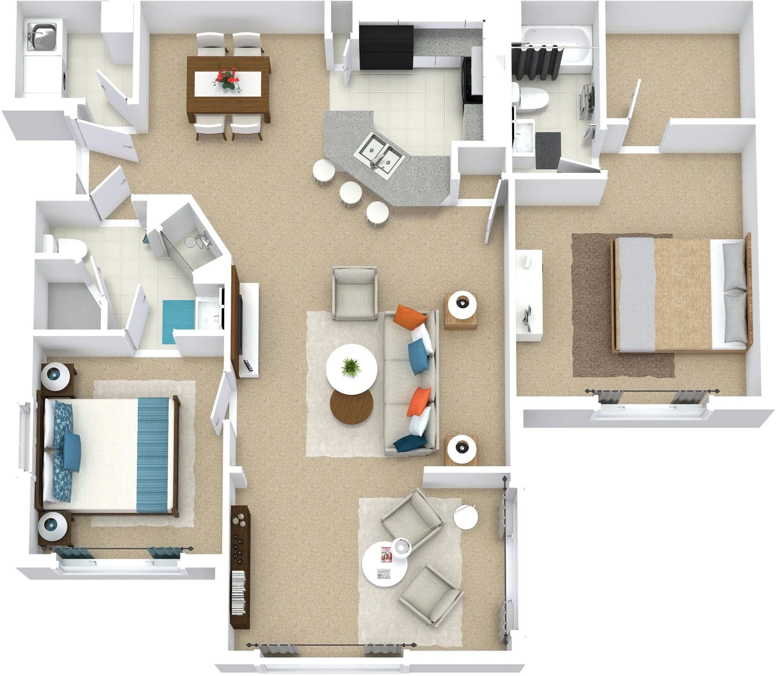 A detailed 3D floor plan of a two-bedroom apartment showing a living room, kitchen, dining area, two bedrooms, two bathrooms, and a laundry area.