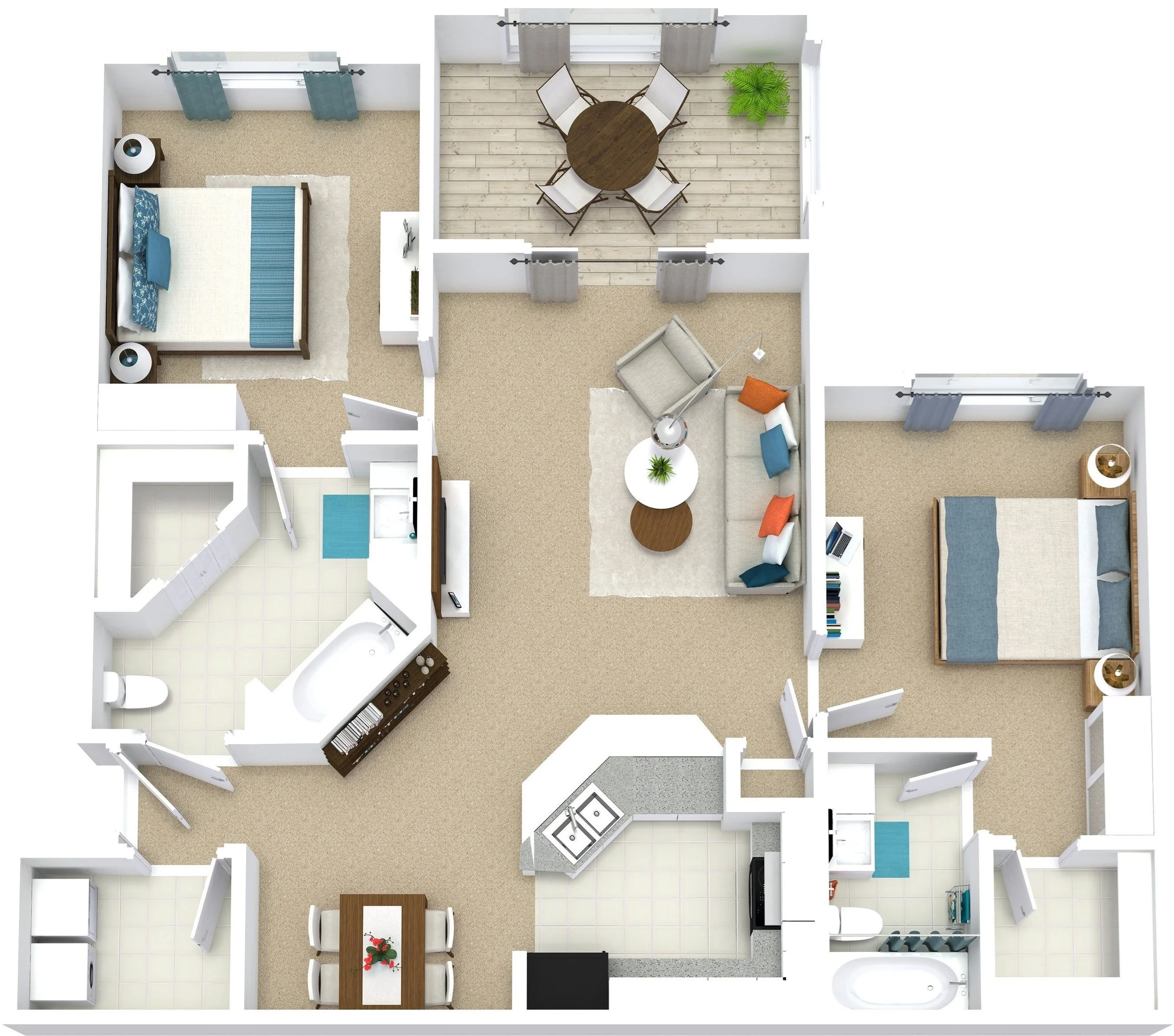 Floor plan of a two-bedroom apartment with a living room, kitchen, dining area, two bathrooms, and a balcony, all furnished.