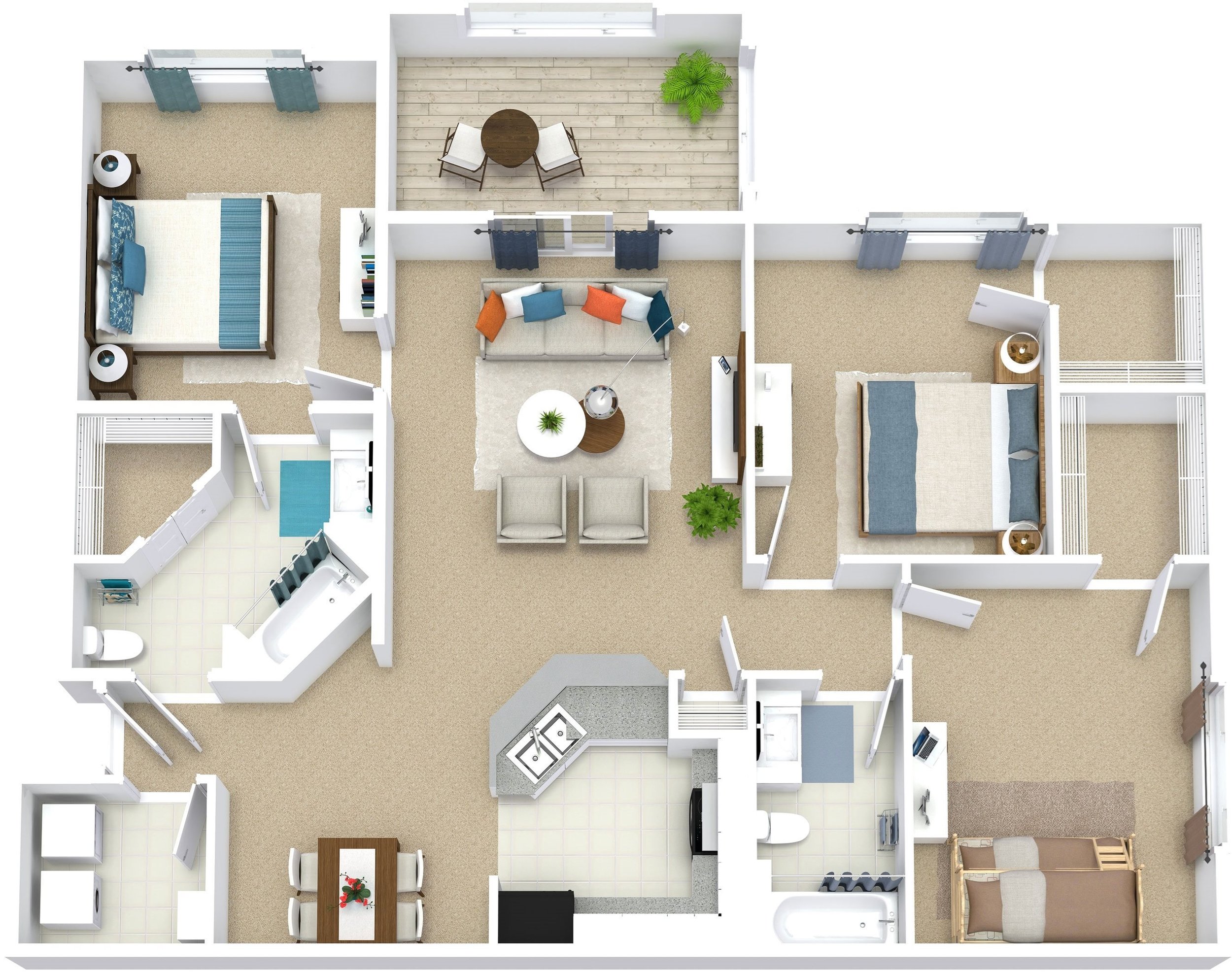 A 3D floor plan of an apartment showing two bedrooms, two bathrooms, a kitchen, a dining area, a living room, and an outdoor balcony with a seating area and a potted plant.