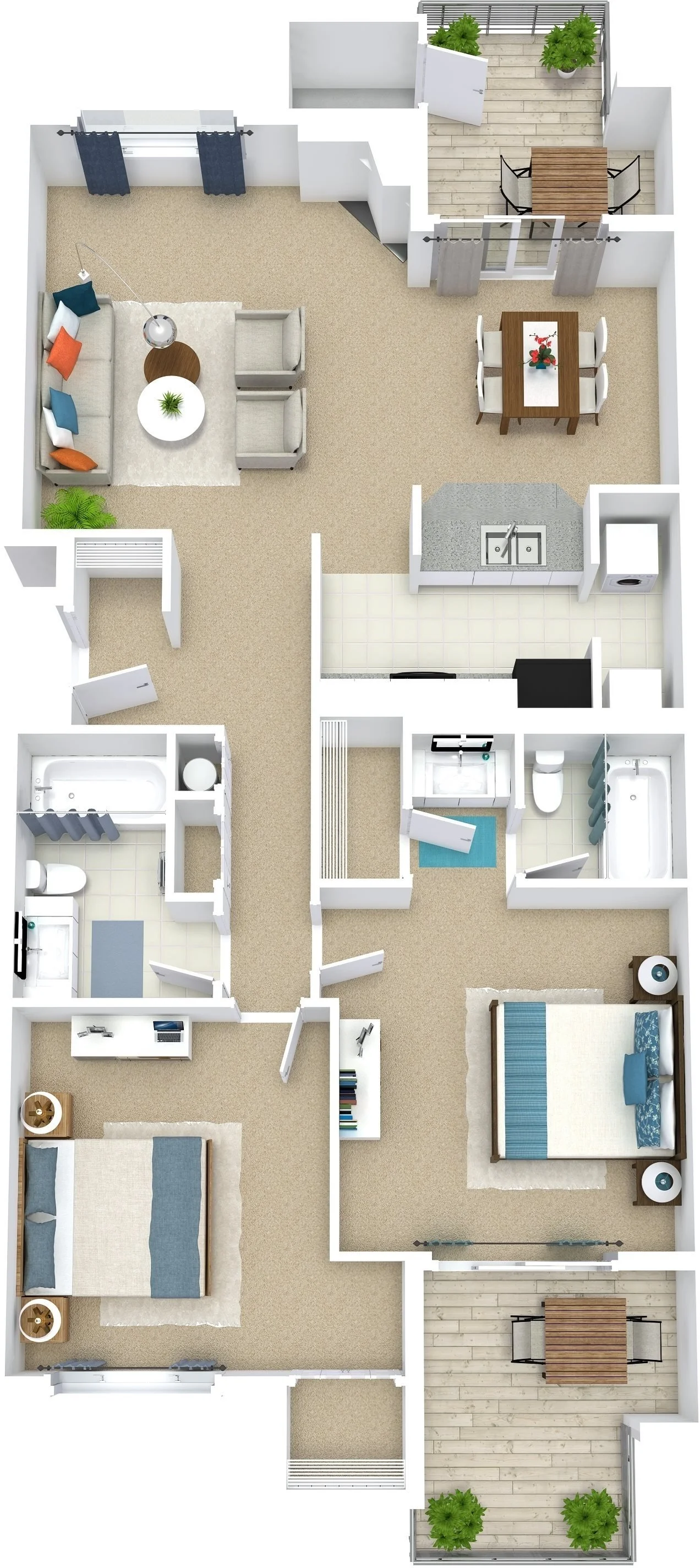 A 3D floor plan of a two-bedroom apartment showing a living room, dining area, kitchen, two bedrooms, two bathrooms, a small laundry room, and two outdoor balconies with plants and furniture.