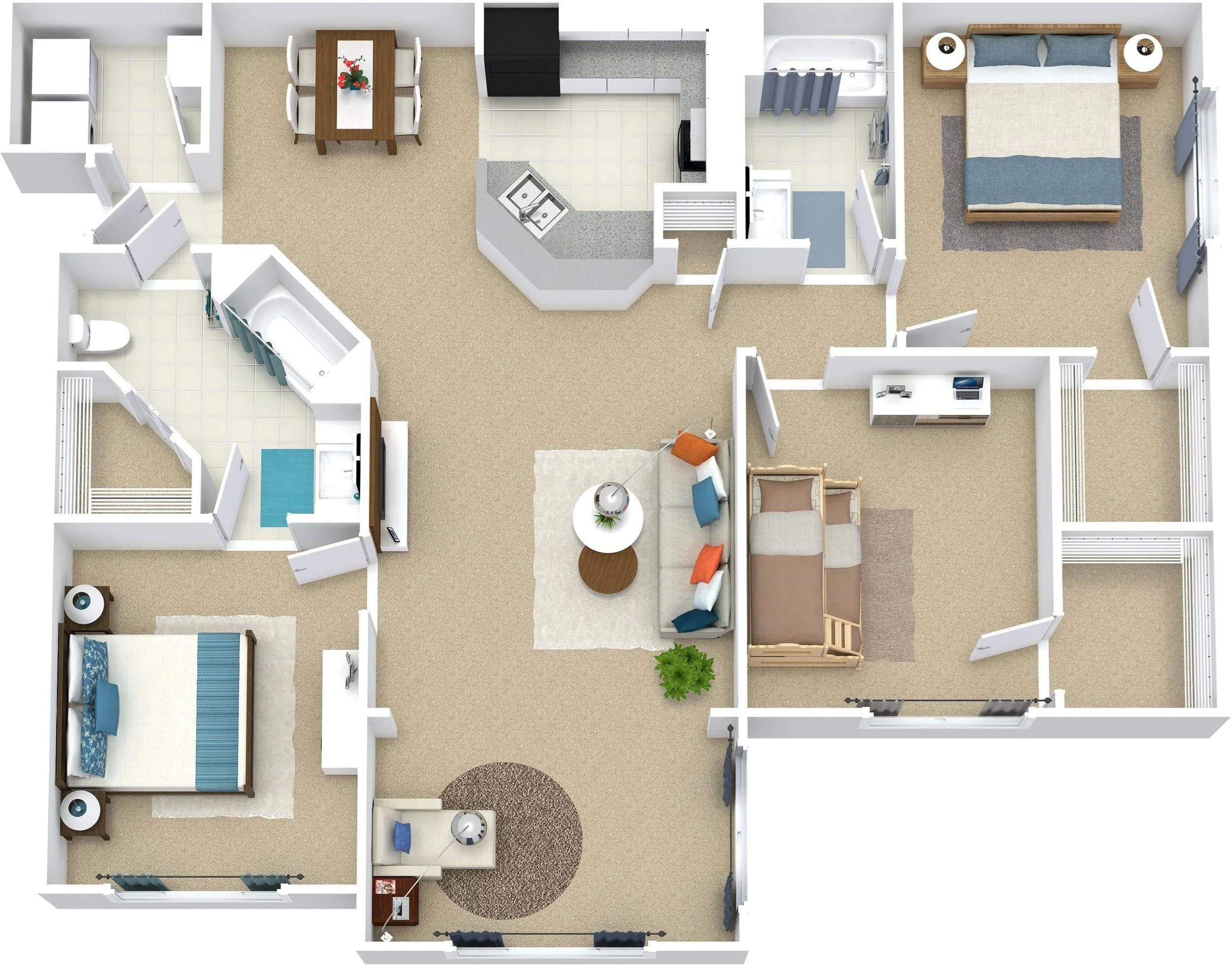 A 3D floor plan of a living space with bedrooms, a kitchen, bathrooms, and a living room.