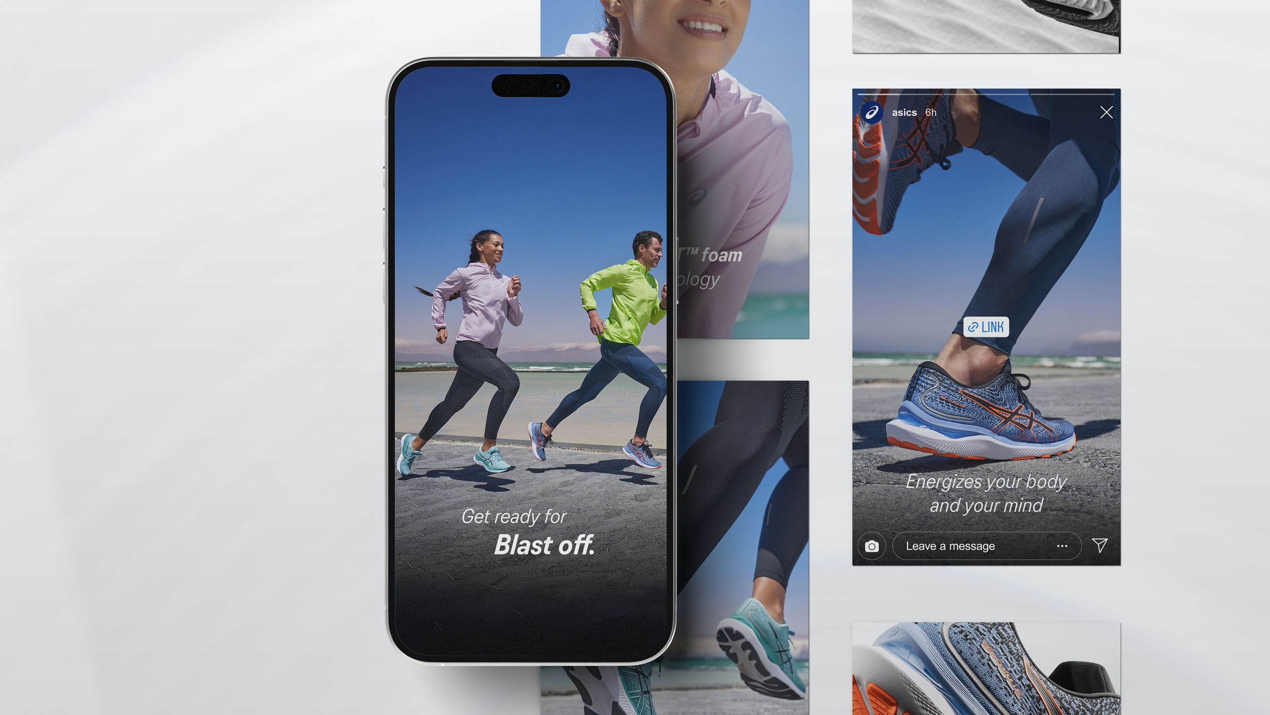Two people running on a beach with a cloudy sky in the background, shown on a smartphone screen, advertising athletic shoes and sportswear with text: "Get ready for Blast off."