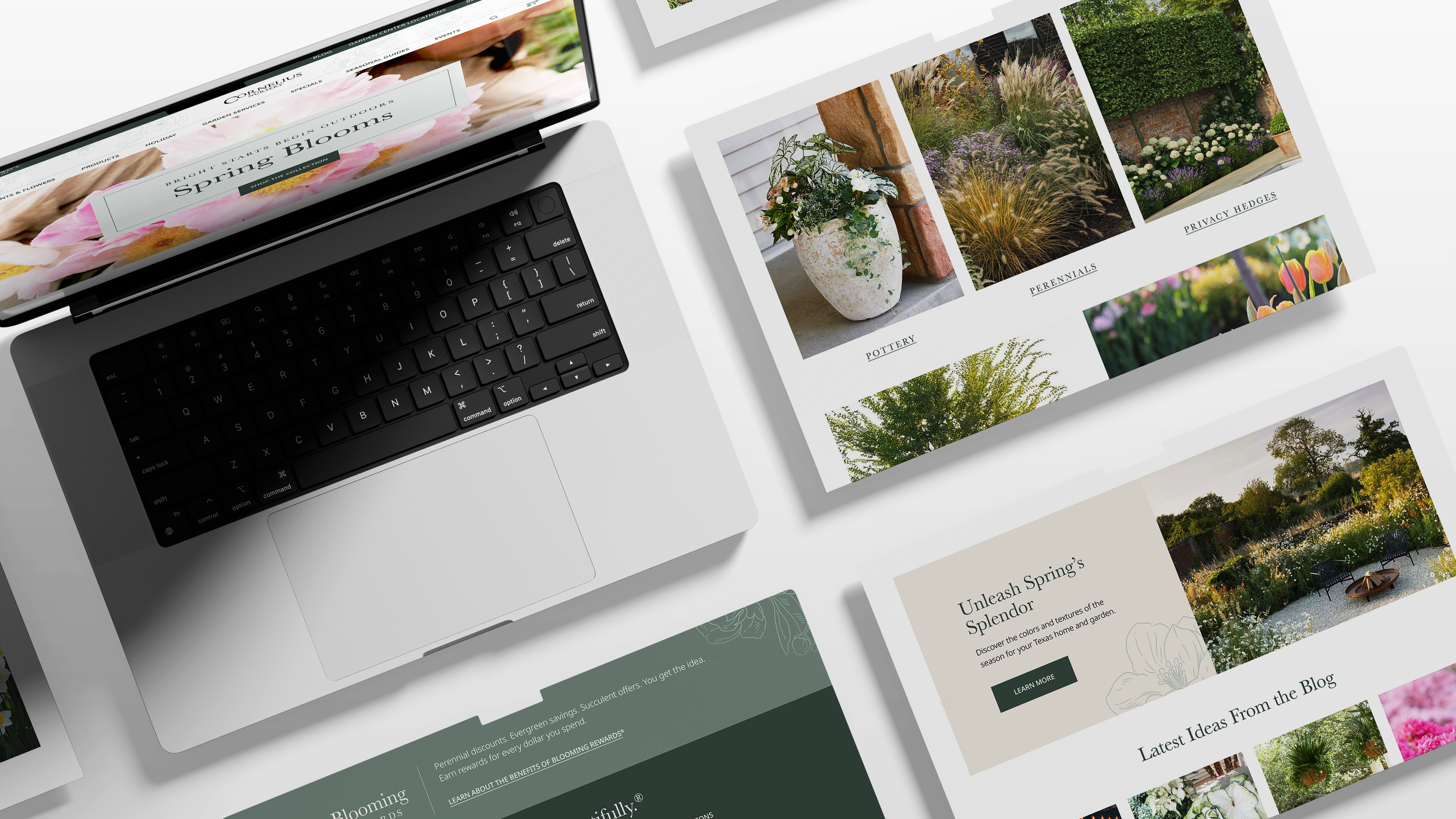 Open laptop with a gardening website on the screen, alongside printed garden design and gardening ideas sheets on a white desk.