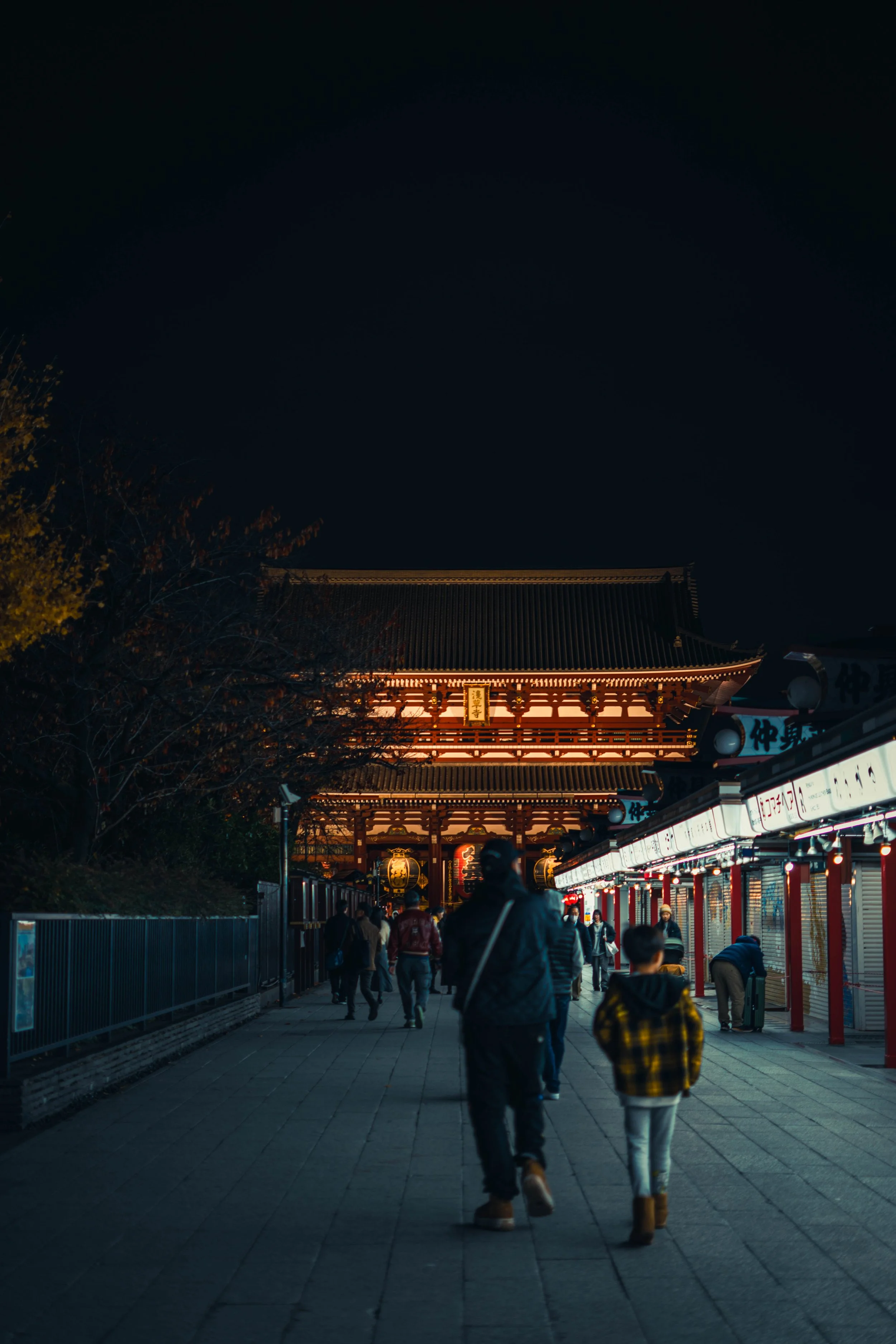 People walking on a paved path towards a traditional Japanese temple illuminated at night.