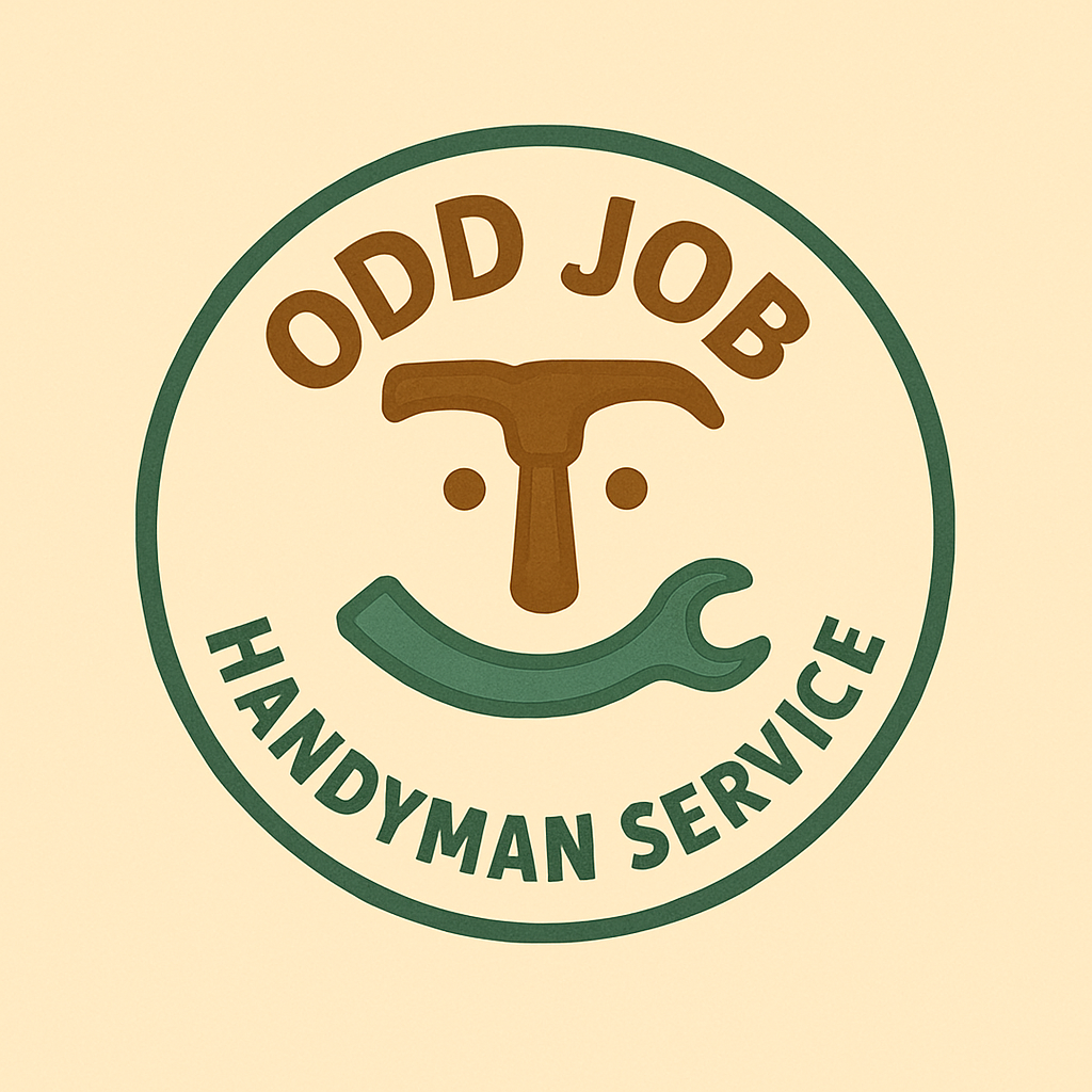 Logo for Odd Job Handyman Service featuring a stylized face made of a hammer for the nose, two dots for eyes, and a wrench for a mouth, encircled by the business name.