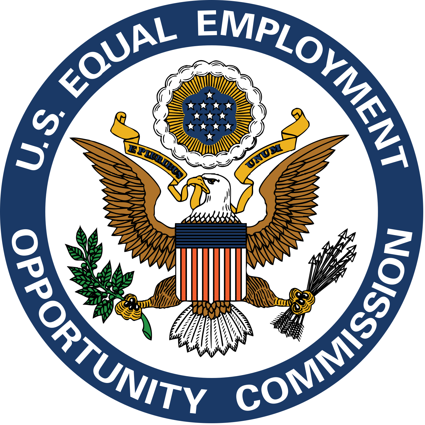 The seal of the U.S. Equal Employment Opportunity Commission featuring a bald eagle, a shield, a banner with Latin text, and a circle of stars.