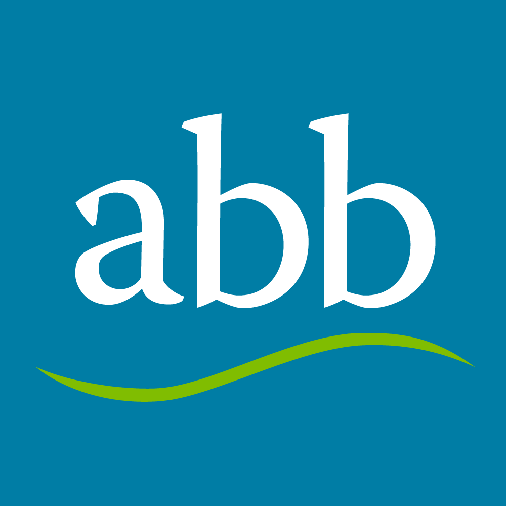 Logo with white lowercase letters 'abb' on a blue background and a green curved line underneath.