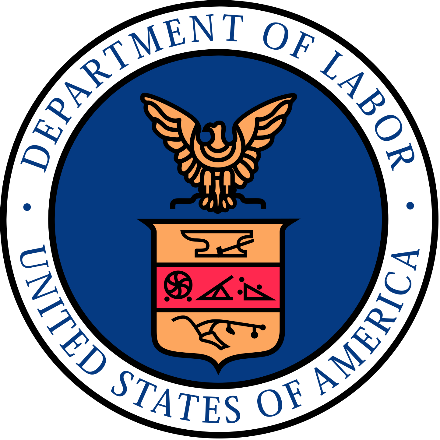 Seal of the Department of Labor, United States of America, featuring an eagle and a shield with various symbols.