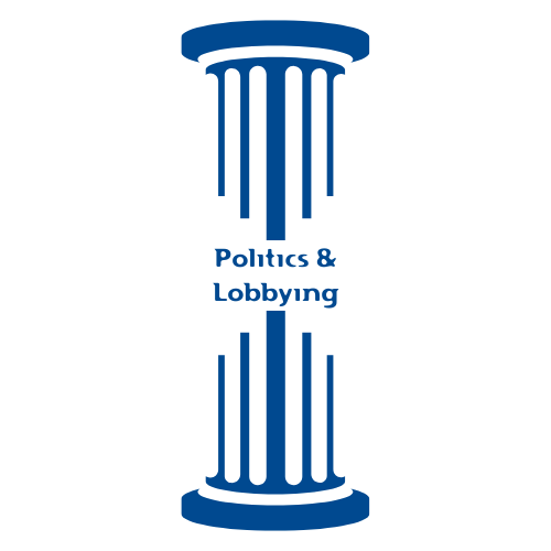 Icon of a classical column with the words "Politics & Lobbying" in the middle.