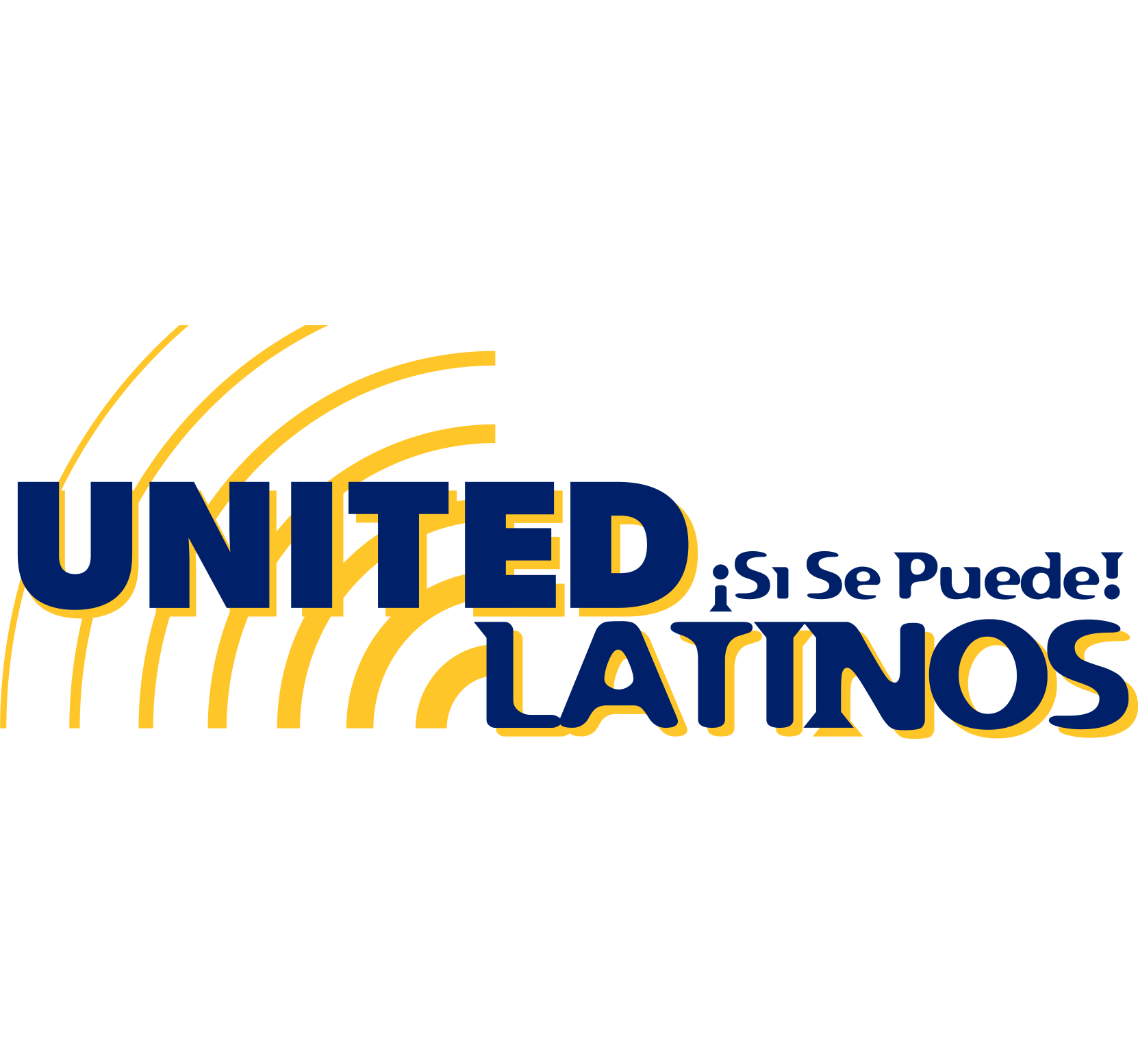 Logo of United Latinos with yellow curved lines and blue text that says '¡Sí Se Puede!'