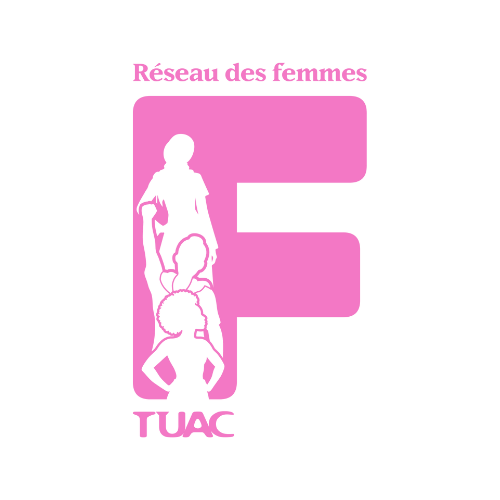 Pink and black logo featuring silhouettes of women and children, with French text 'Réseau des femmes' and 'TUAC' at the bottom.
