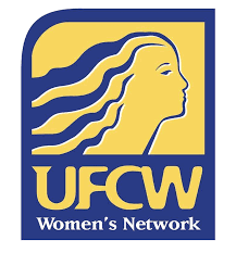 Logo of UFCW Women's Network featuring a stylized profile of a woman's face with wavy hair in yellow and navy blue colors.