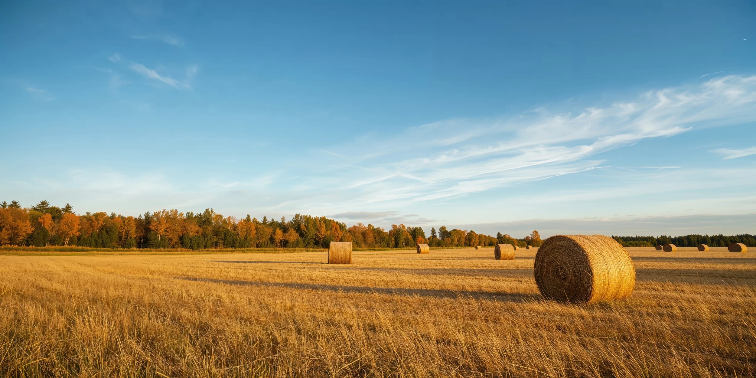 A wide open field with hay bales scattered across, a line of trees with fall foliage in the background, and a bright blue sky with wispy clouds.