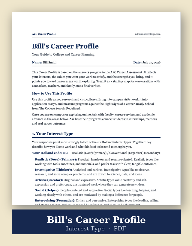 A documented career profile page for Bill Smith, dated July 27, 2026, outlining his interests and guidance on college and career planning, with sections on interest types, how to use the profile, and tips for exploring careers.