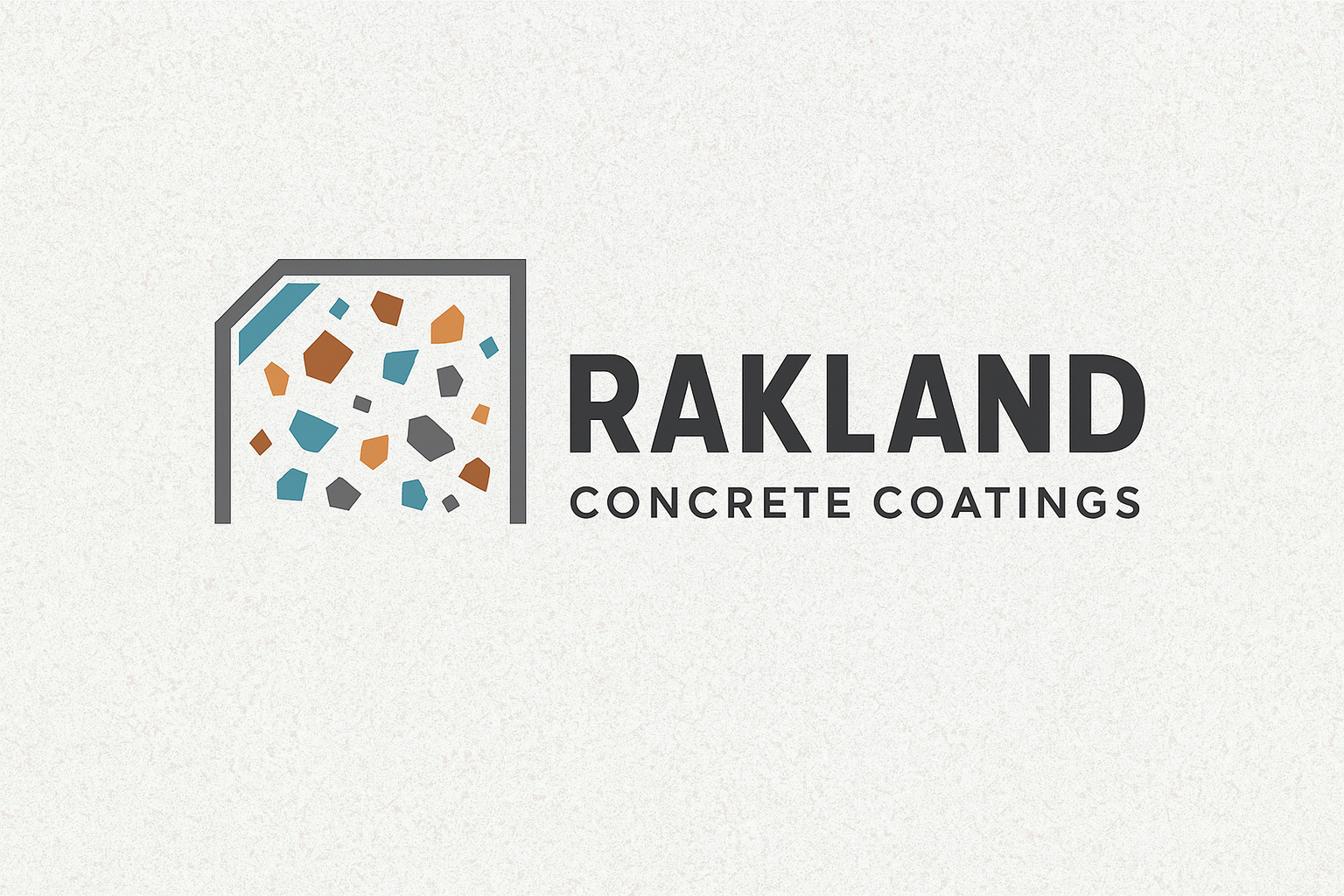 Logo of Rakland Concrete Coatings featuring an abstract illustration of concrete with multicolored shapes and the company name.