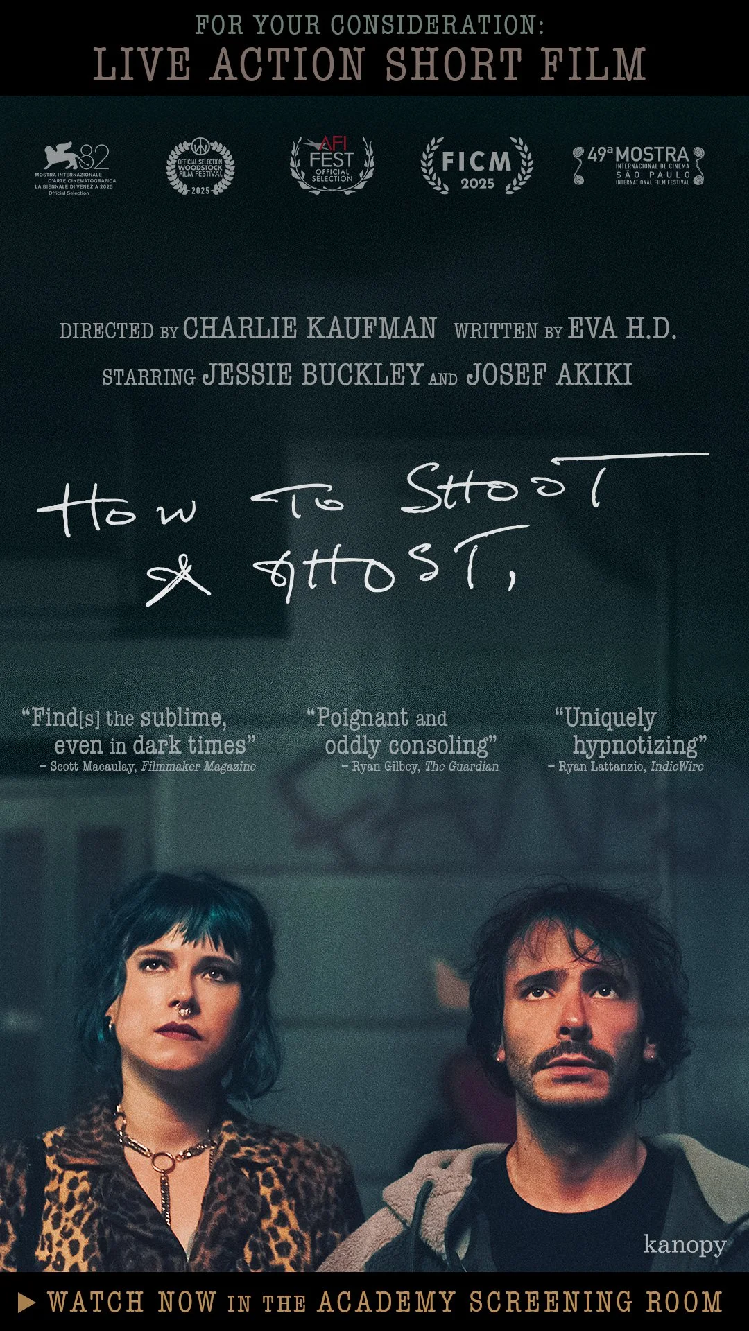 Promotional poster for the short film 'How To Shoot a Ghost' featuring two characters, one woman and one man, with quotes praising the film and logos of international film festivals at the top.