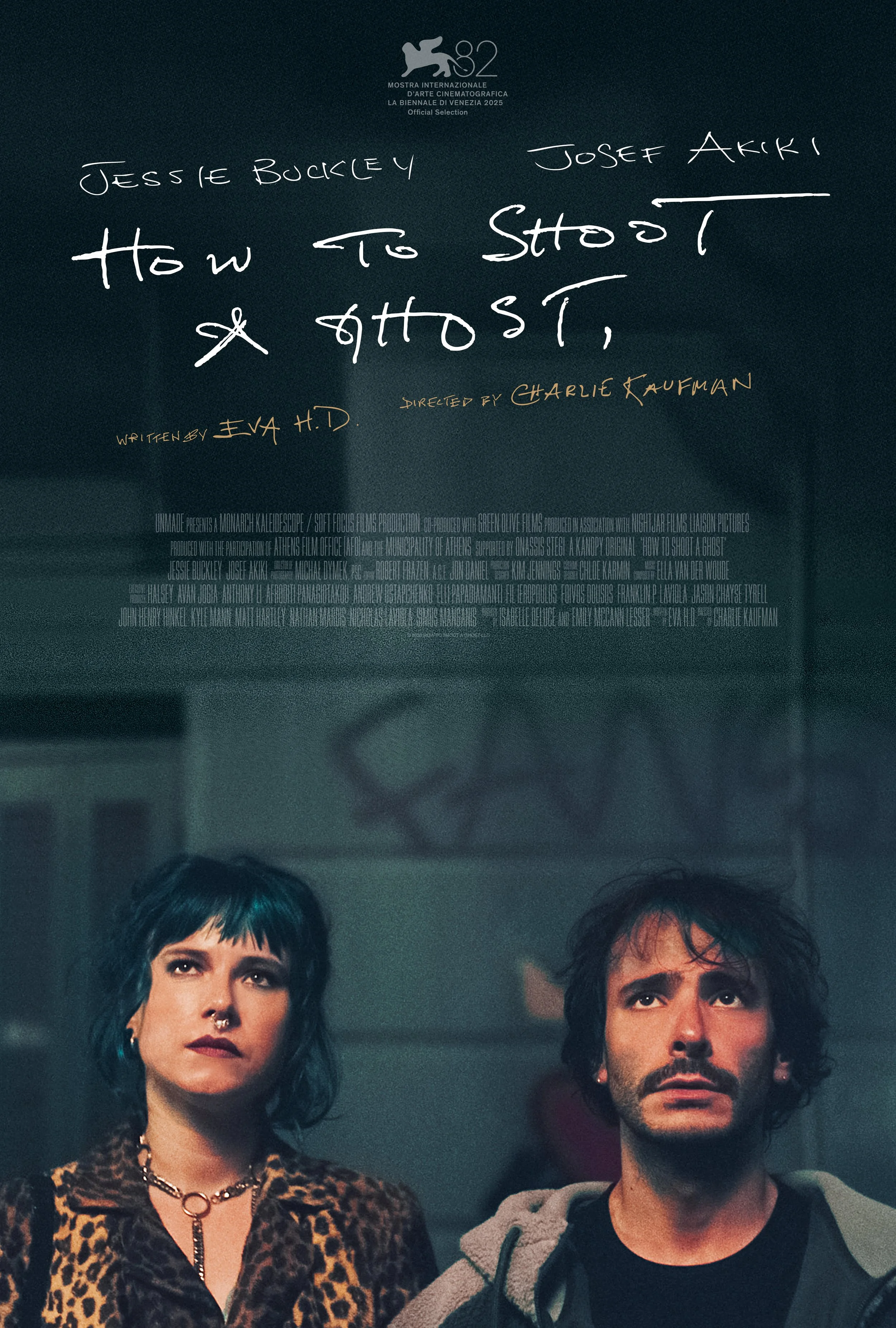A movie poster for 'How to Stop a Ghost' featuring two characters, a woman with dark hair, tattoos, and leopard print clothing, and a man with dark curly hair and facial hair, looking thoughtful. The poster includes handwritten-style text with the titles and credits, and the Venice International Film Festival logo at the top.