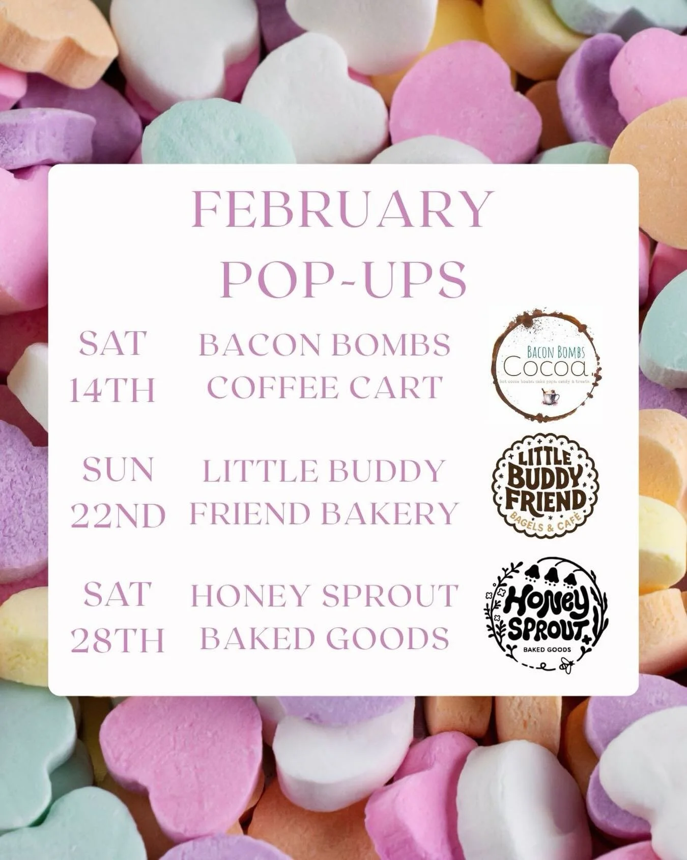 February has a few fun pop-ups in the shop! @bacon.bombs on Valentine&rsquo;s Day, @little_buddy_friend on Sunday the 22nd and @honeysproutbakedgoods on Saturday the 28th. I would love to set something up for February the 7th if anyone is a local foo