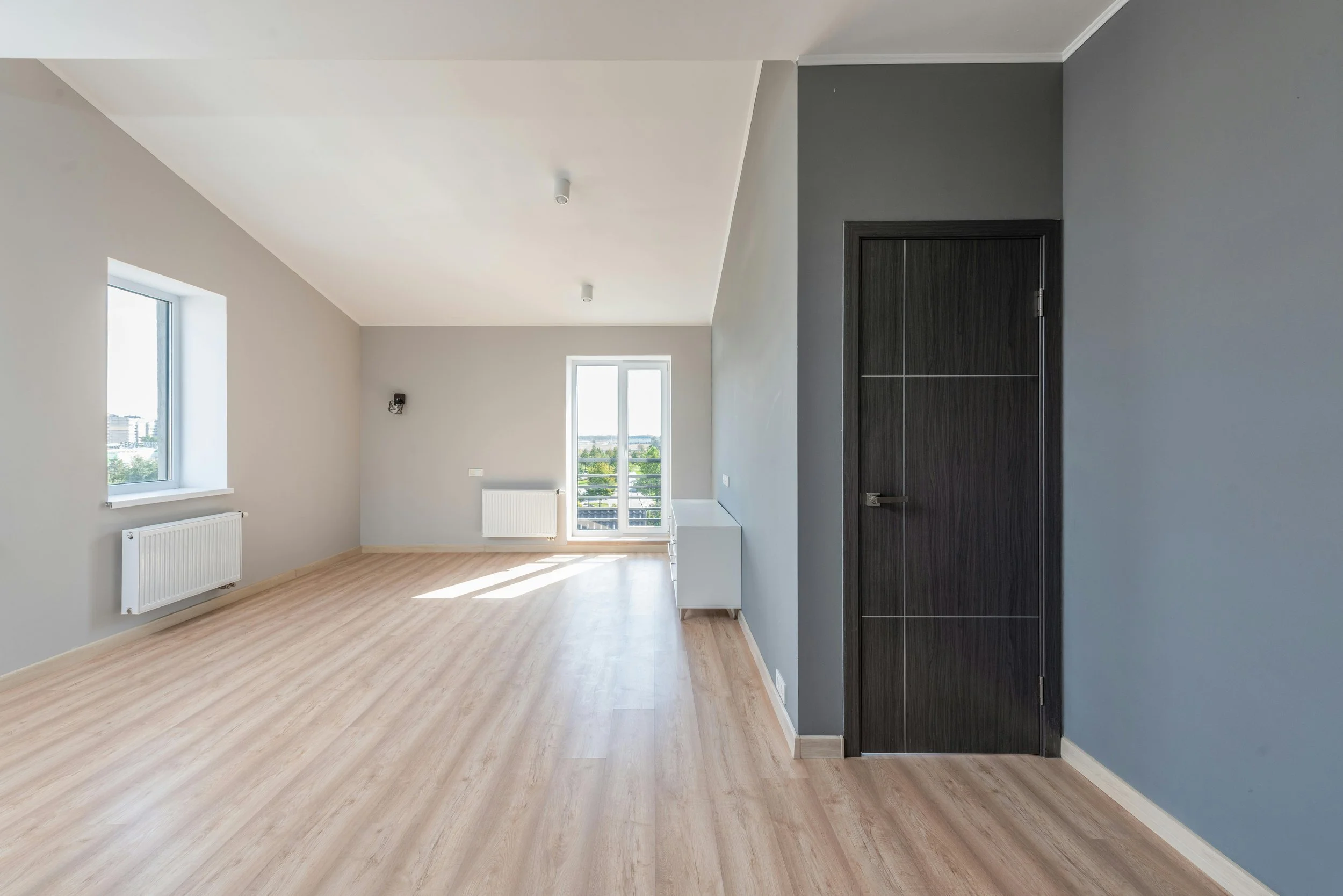 Empty living room with light wood flooring, gray and dark gray walls, a window, a glass door, white radiator, and minimal furniture.