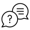 Speech bubble with a question mark and a speech bubble with lines indicating text.