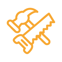 Icon of a hammer, wrench, and saw crossed over a black background.