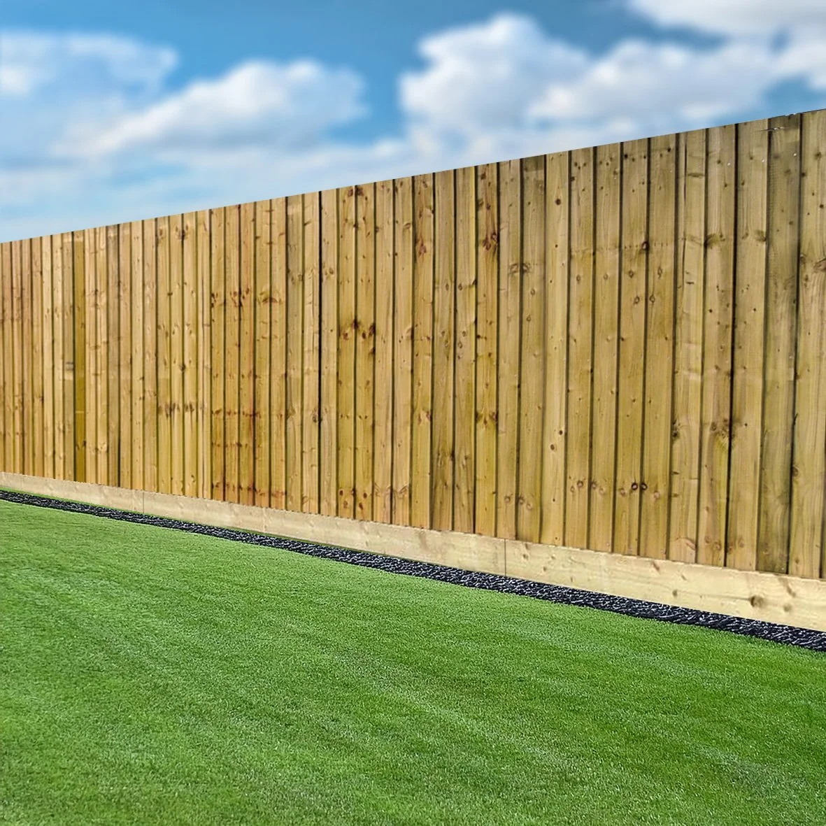 A tall wooden fence with vertical planks separates a green lawn from the background sky with some clouds.