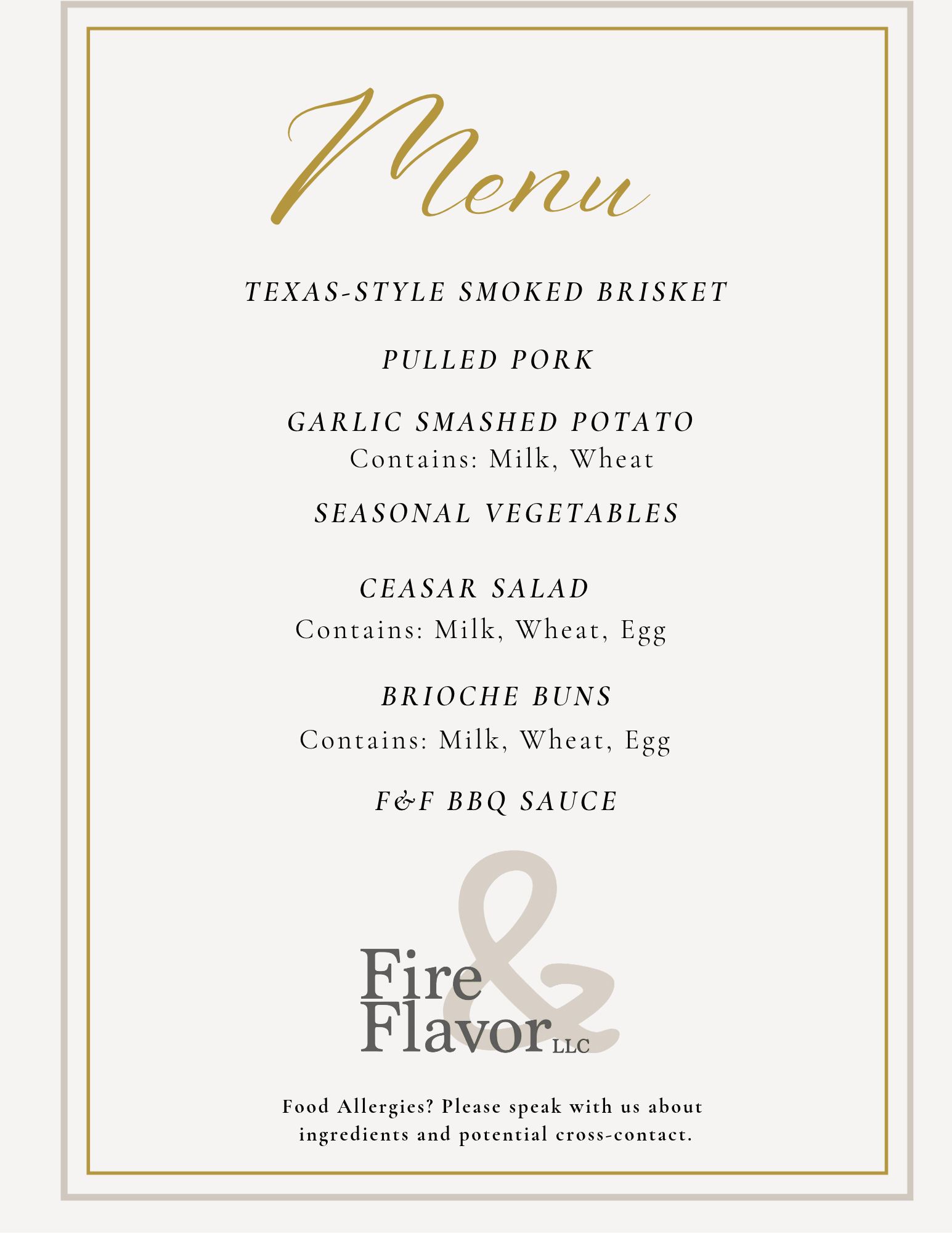 A restaurant menu titled 'Fire & Flavor' featuring Texas-style smoked brisket, pulled pork, garlic smashed potato, seasonal vegetables, Caesar salad, brioche buns, and BBQ sauce, with allergy information at the bottom.