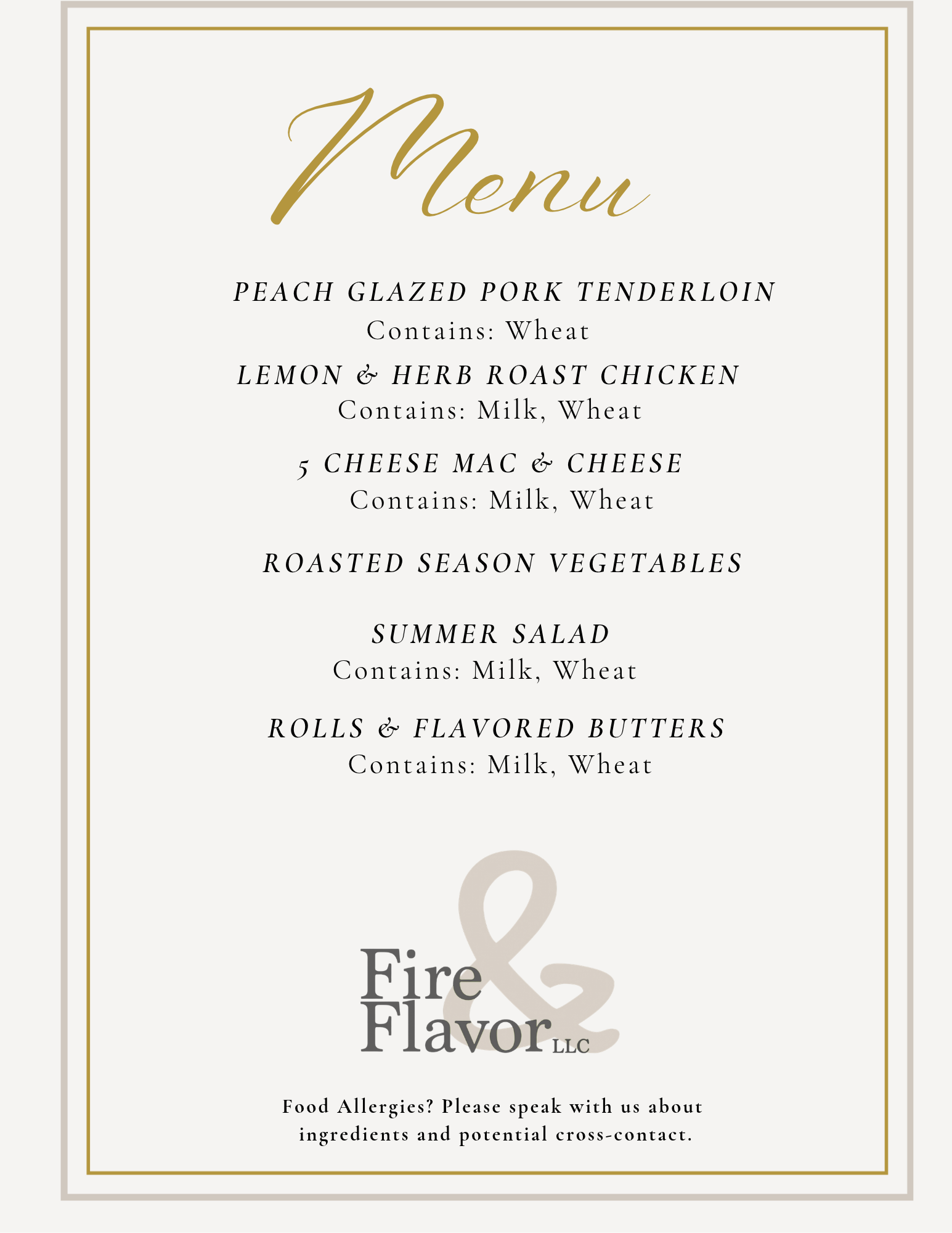 Part of a restaurant menu featuring dishes such as peach glazed pork tenderloin, lemon & herb roast chicken, cheese mac & cheese, roasted seasonal vegetables, and summer salad, with details about ingredients and allergens.