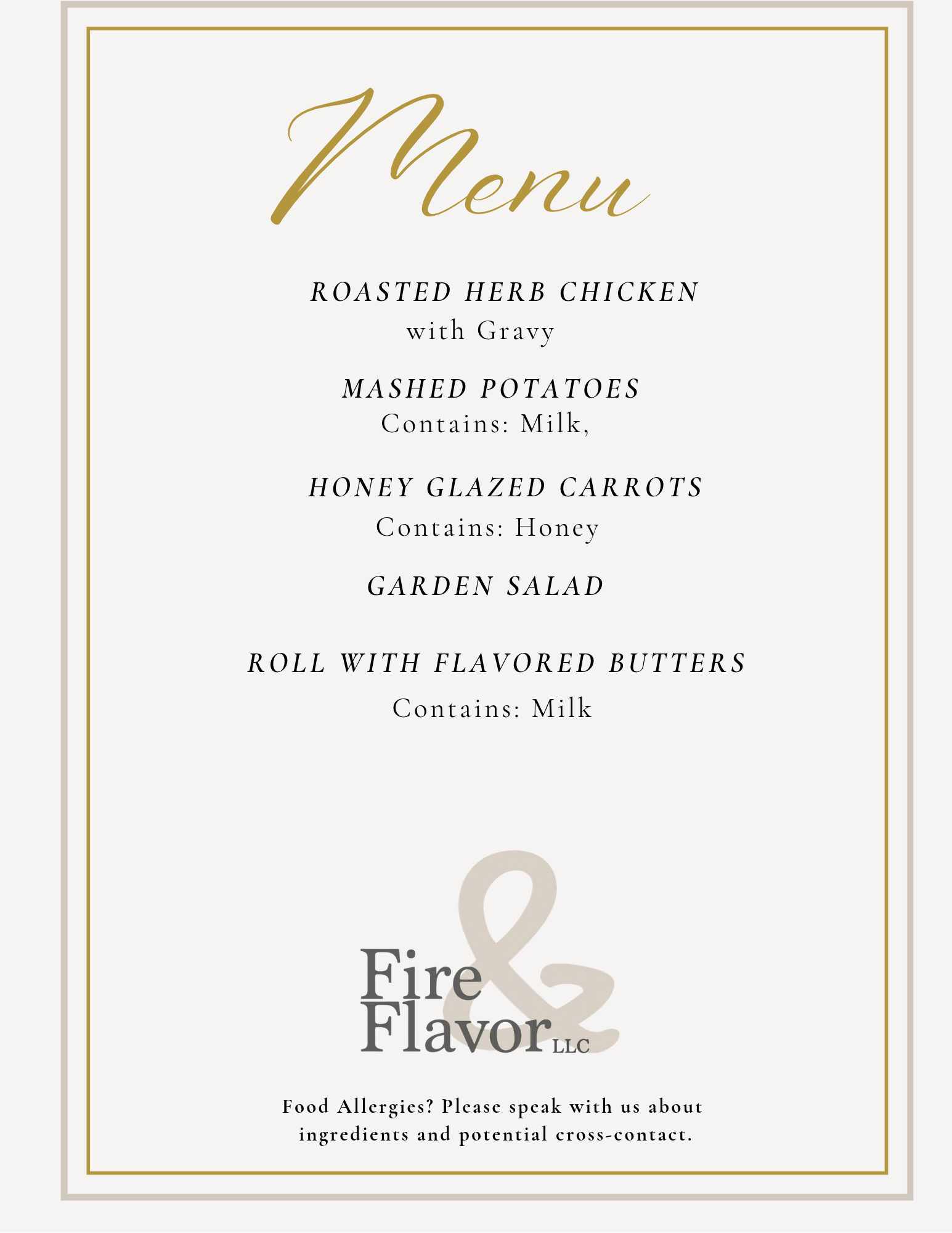 Food menu from Fire & Flavor LLC featuring roasted herb chicken with gravy, mashed potatoes, honey glazed carrots, and garden salad, with a note about food allergies and ingredients.