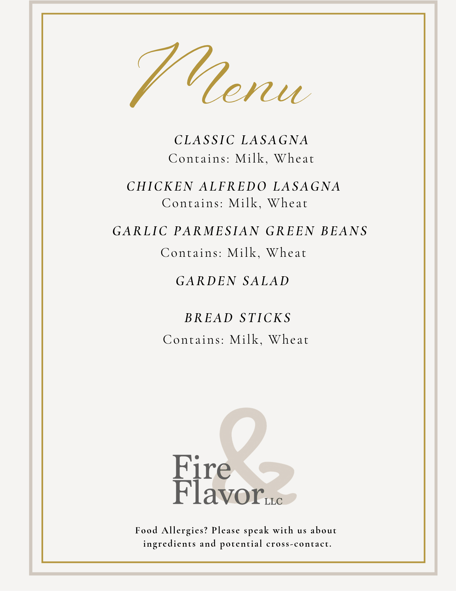 Food menu from Fire & Flare LLC with items including classic lasagna, chicken alfredo lasagna, garlic parmesan green beans, garden salad, and bread sticks, each containing milk and wheat, with a note about food allergies.