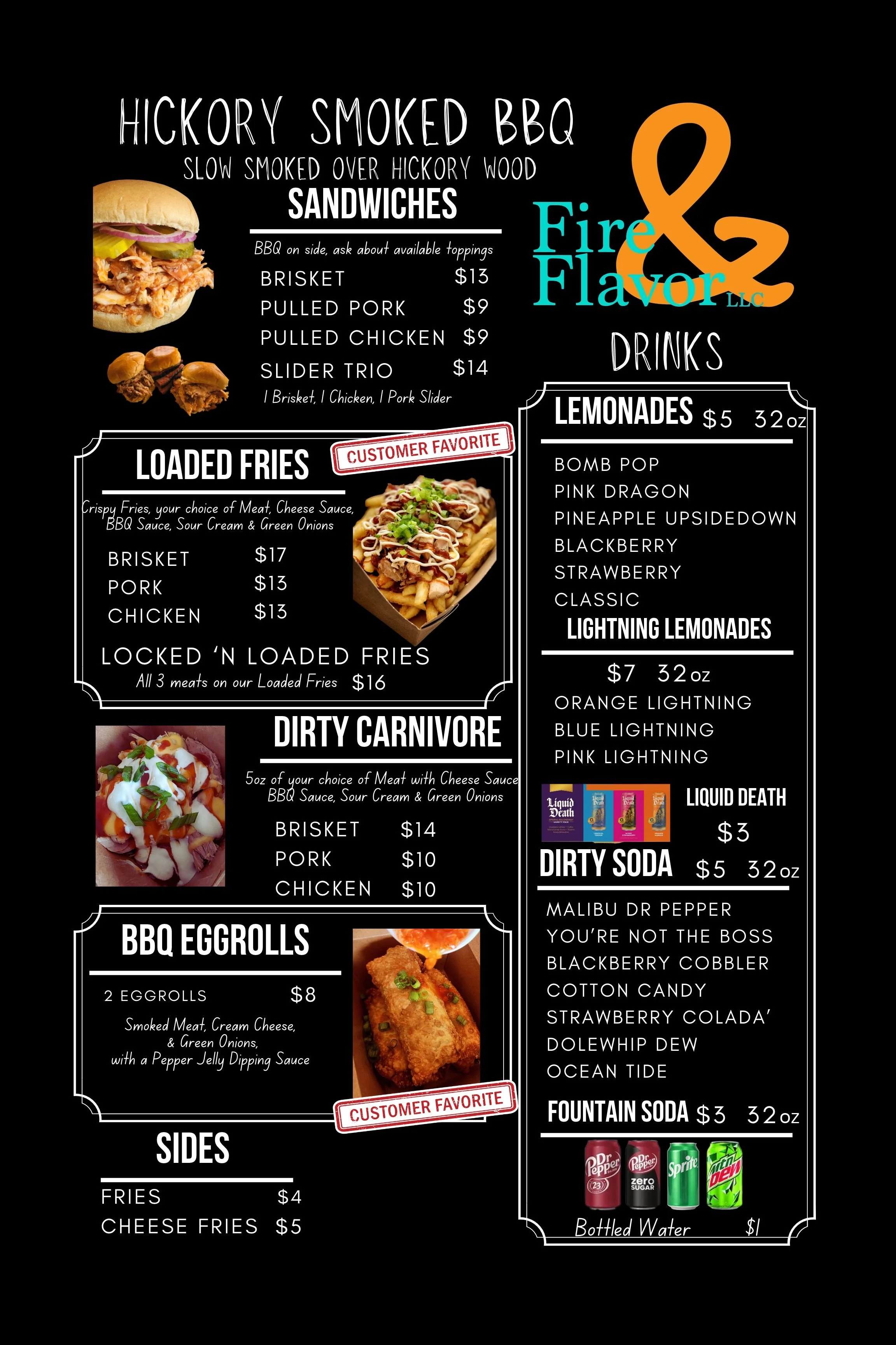 Restaurant menu featuring Hickory Smoked BBQ sandwiches, loaded fries, dirty carnivore burger, BBQ eggrolls, sides, drinks including lemonades, lightning lemonades, dirty soda, fountain soda, bottled water, and colorful beverage cans.