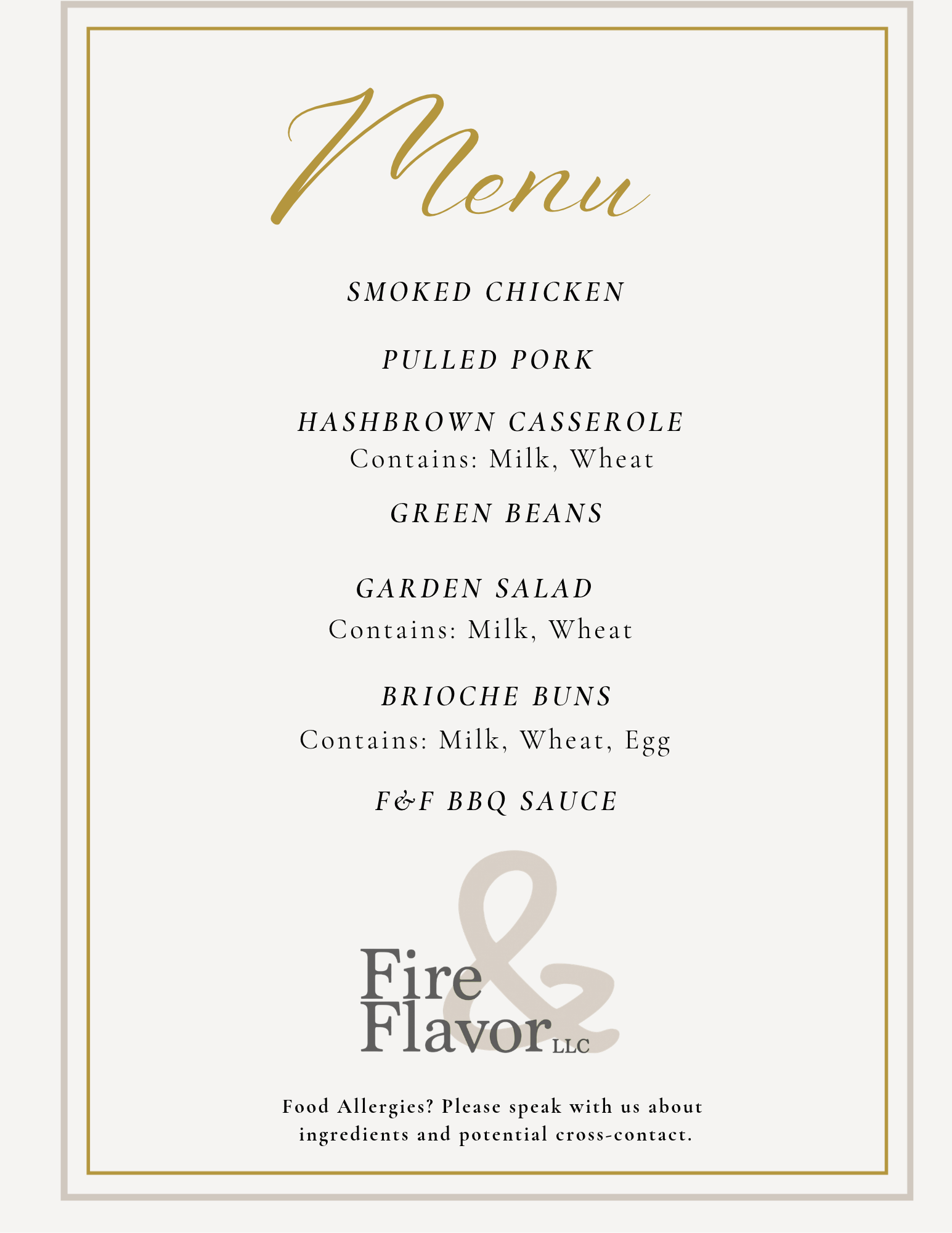 A restaurant menu with a gold border, listing dishes including smoked chicken, pulled pork, hashbrown casserole, garden salad, brioche buns, and BBQ sauce. Contains allergy information.
