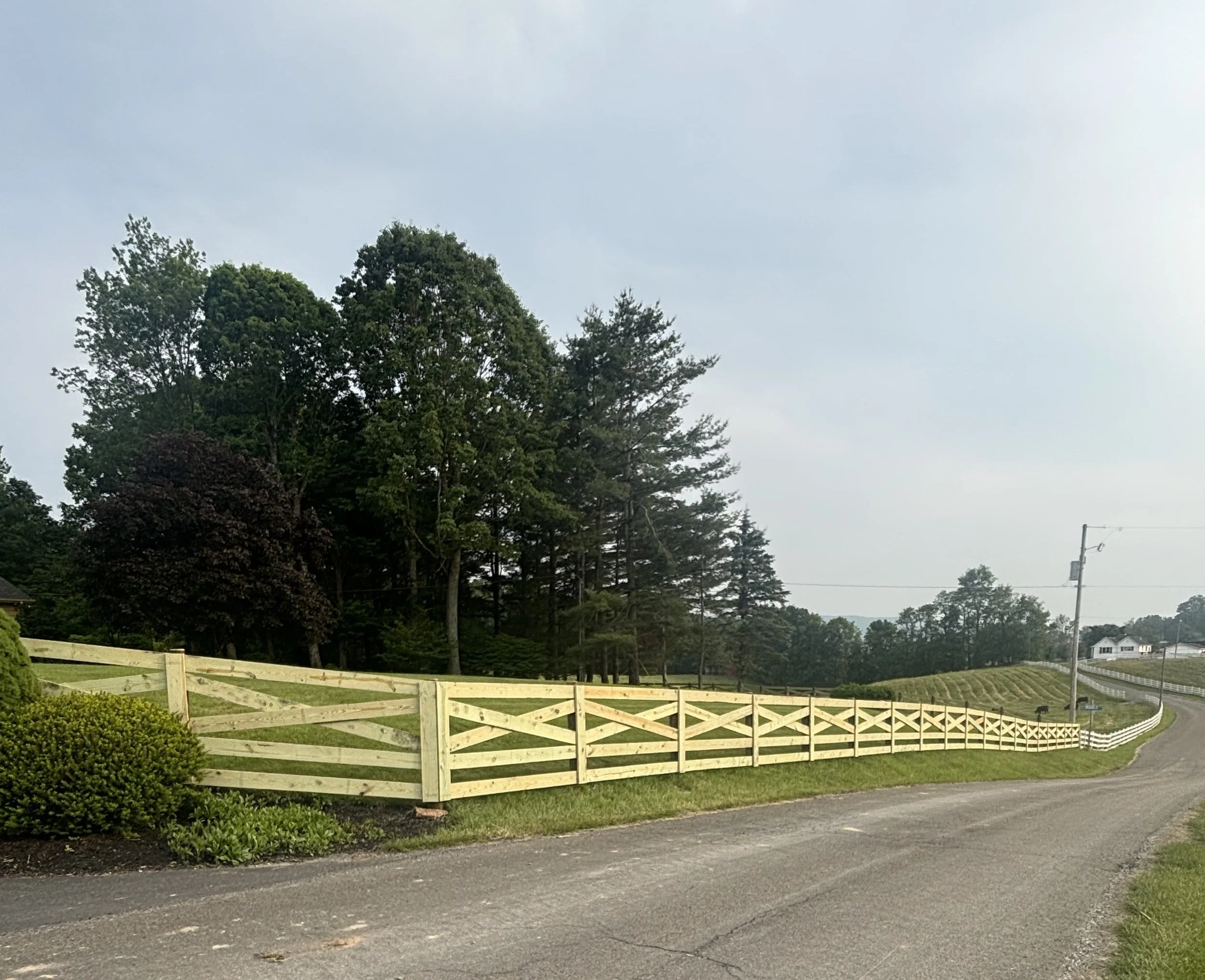 A rural scene with a winding road, a white wooden fence, green grass, trees, and a hill with houses in the background.