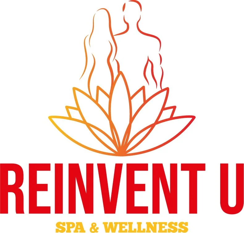 Logo featuring an outline of a woman and man standing behind a stylized lotus flower with the text "REINVENT U SPA & WELLNESS" in bold red and yellow letters.