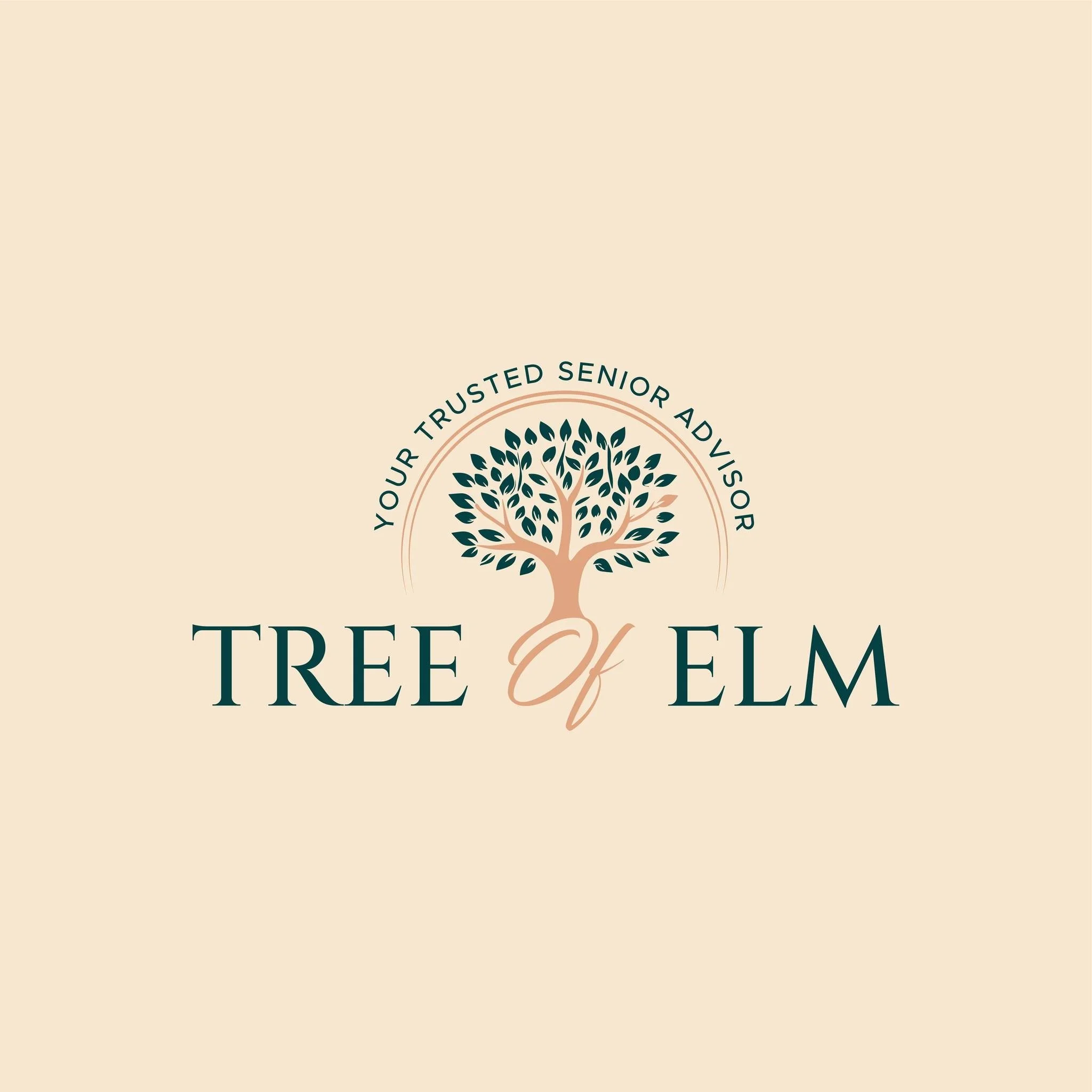 Logo for Tree of Elm, a senior advisor service, featuring a stylized tree with dark green leaves and beige branches, with the company name and slogan surrounding it.