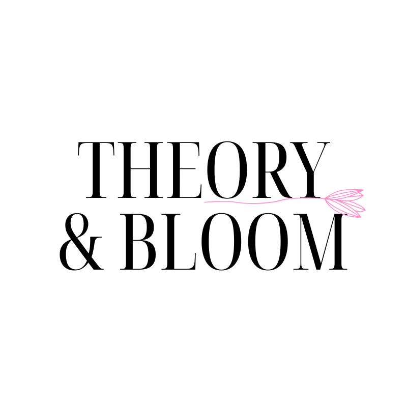 Black text on white background reading 'THEORY & BLOOM' with a pink outline of a blooming flower attached to the letter 'Y' in 'THEORY'.