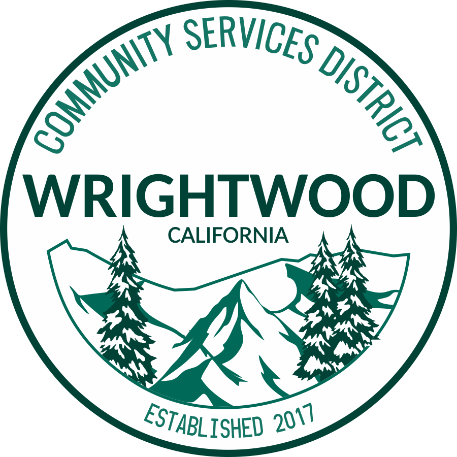 Circular logo for Wrightwood Community Services District, featuring mountain and pine tree illustration, text includes "California" and "Established 2017."