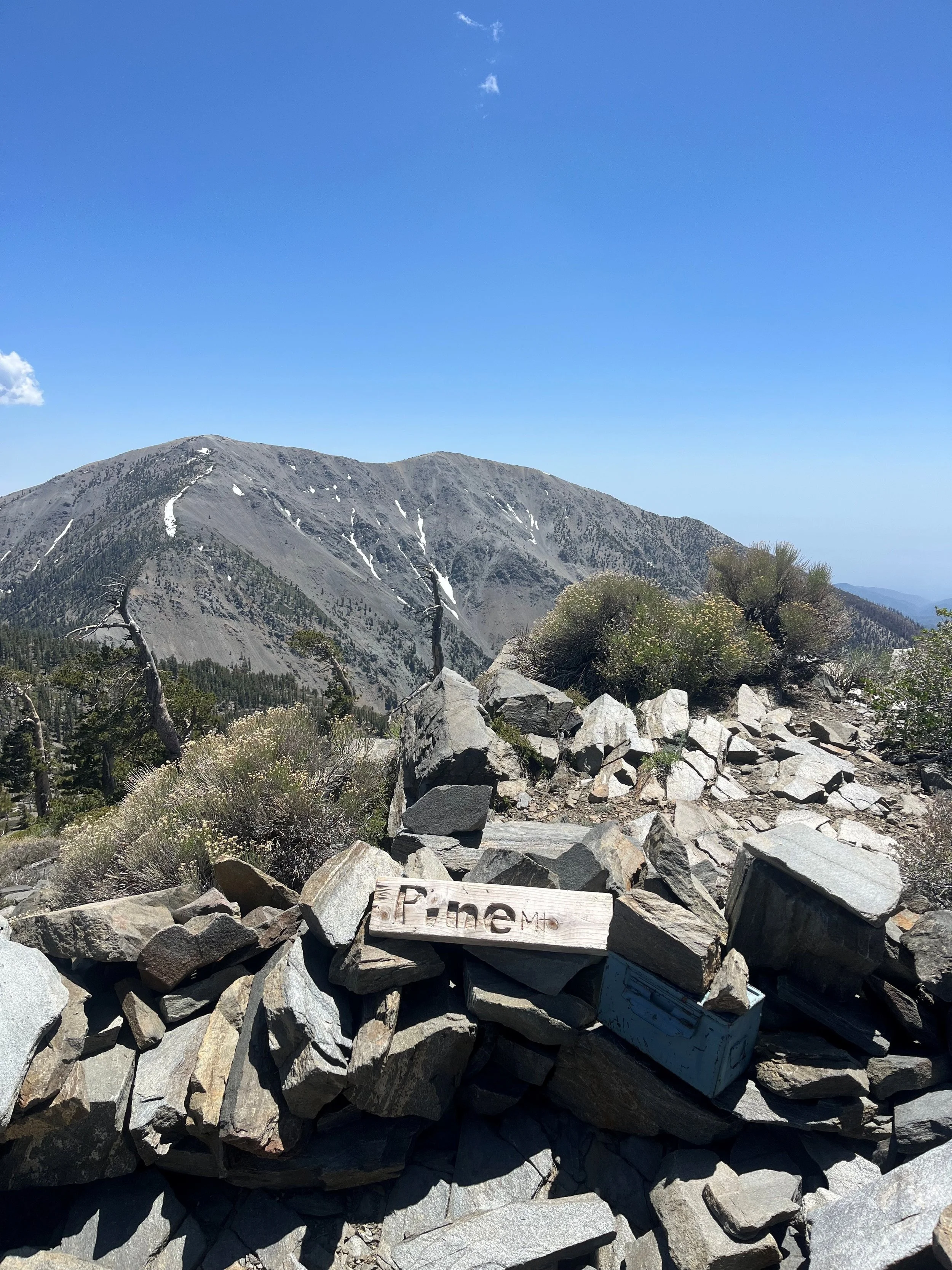 Rocky mountain peak under a clear blue sky, with a weathered wooden sign that says "Pine." Sparse vegetation adds to the rugged, serene landscape.