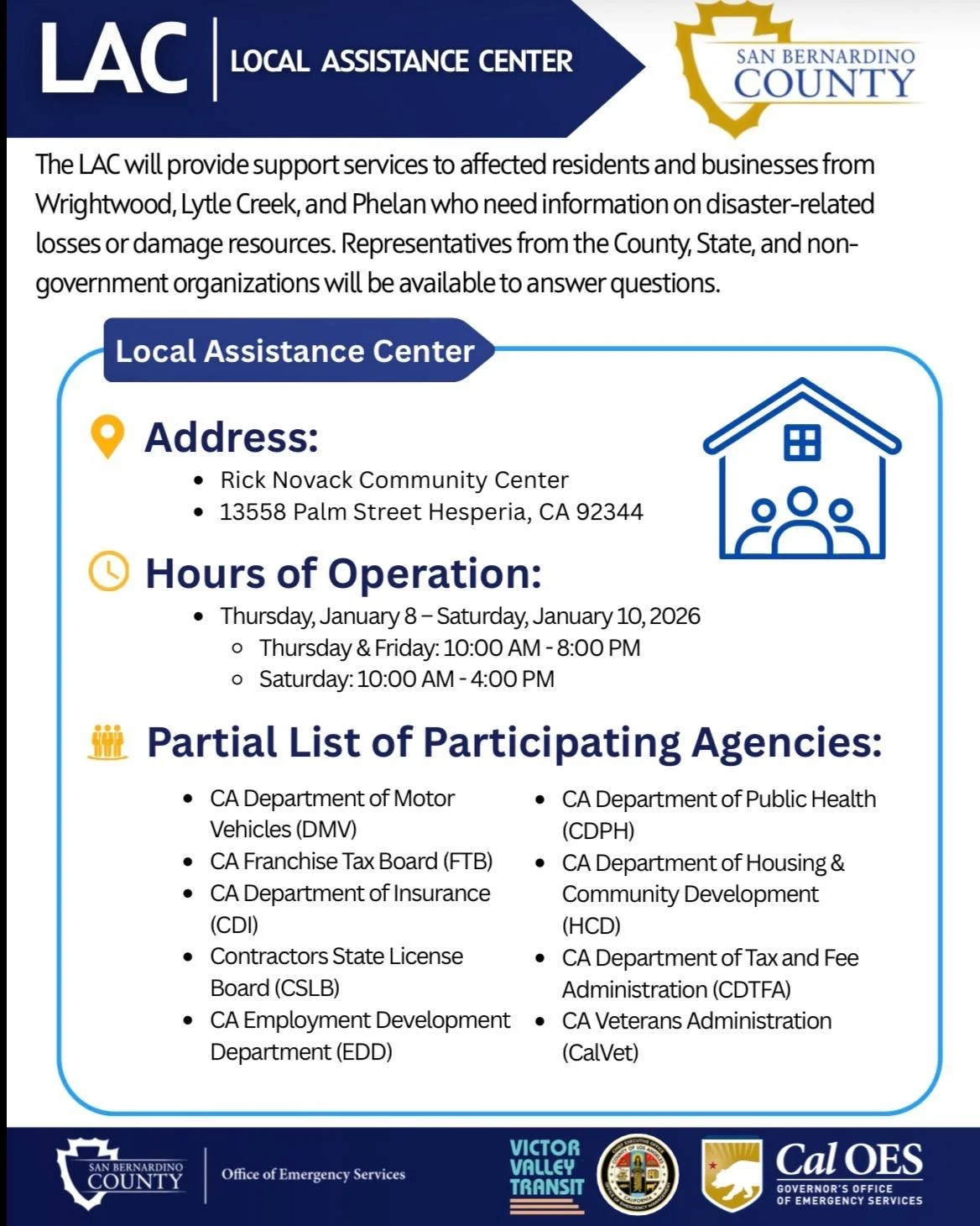 Flood Recovery Support Available!
The LAC Center is open through Saturday January 10th with multiple agencies on site to assist residents and business owners impacted by the recent floods. Free shuttle service is available from the Wrightwood Communi