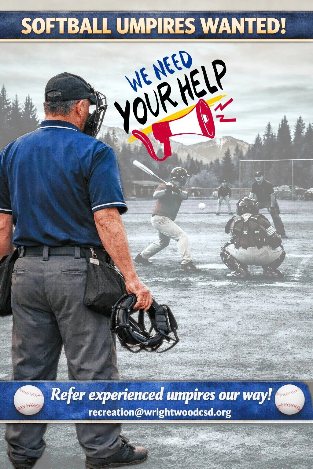 🥎 Calling All Experienced Umpires! 

Our WCSD Adult Co‑Ed Softball League kicks off May 31, and we&rsquo;re looking for reliable, experienced umpires to join us for the season.

If you or someone you know has umpiring experience, send referrals and 