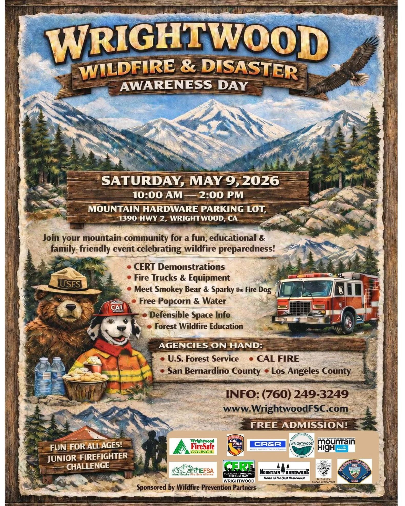 📢 Reminder: Wildfire &amp; Disaster Awareness Day is THIS Saturday

Join the Wrightwood Fire Safe Council and Wrightwood CERT  for this free, family‑friendly community event focused on wildfire preparedness and disaster readiness.

🗓 Saturday, May 